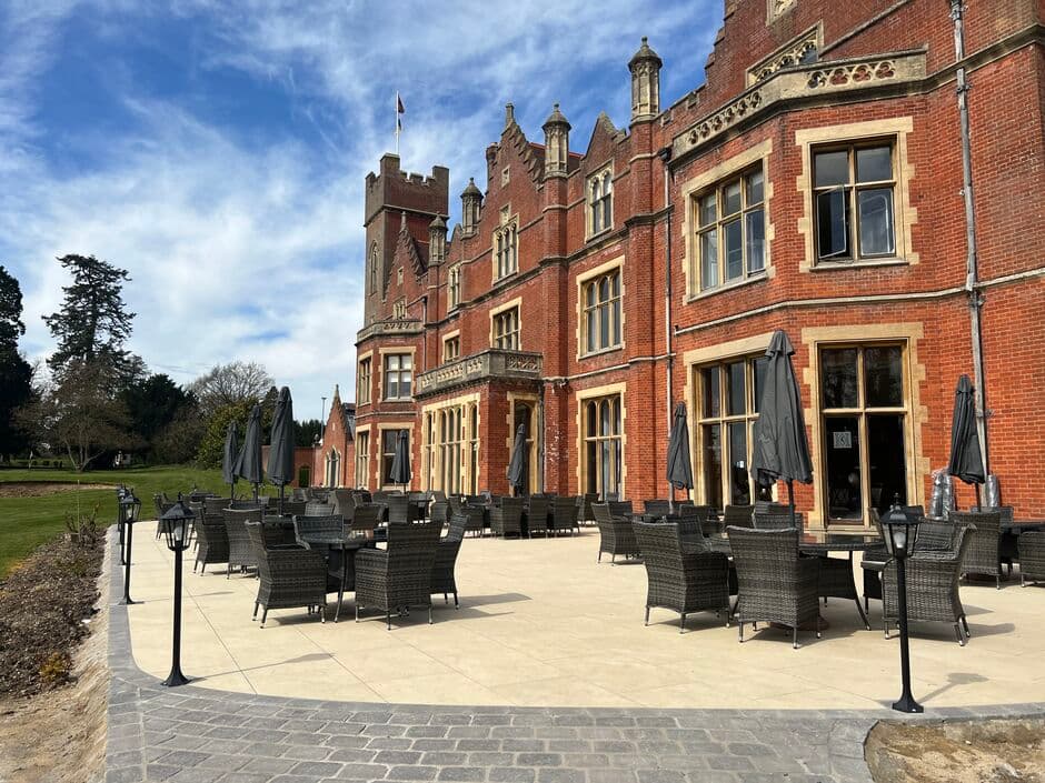 Broxbournebury Mansion clubhouse terrace at The Hertfordshire Golf & Country Club