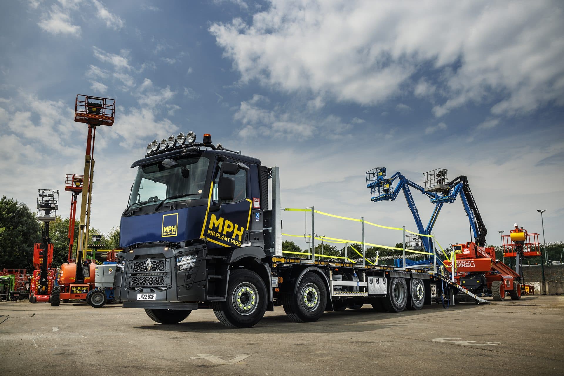 Mr Plant Hire lorry and access platforms in a depot yard